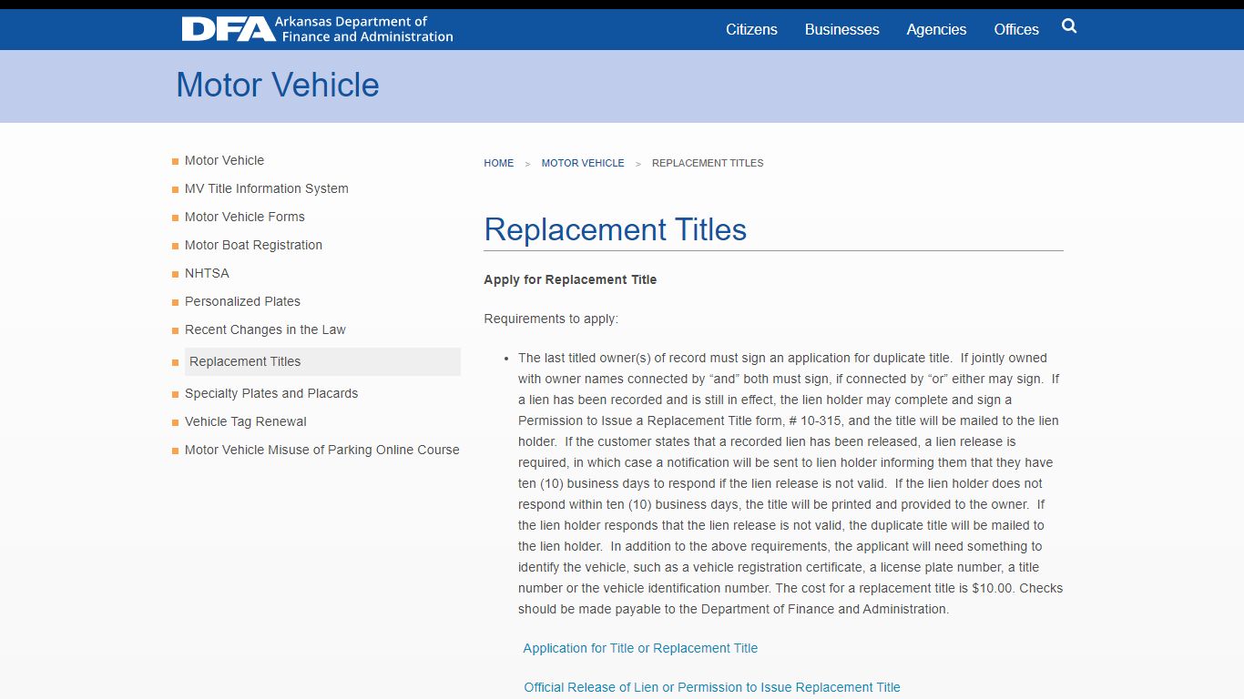 Replacement Titles | Department of Finance and Administration - Arkansas